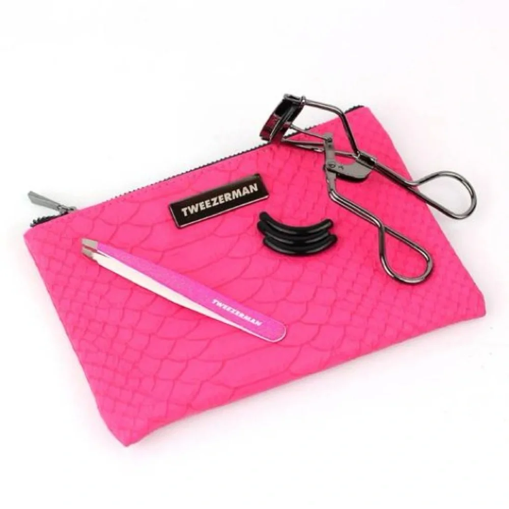 Tweezerman Glitz Glam Gift Set Gunmetal Pink Tweezers Eyelash Curler Makeup Bag